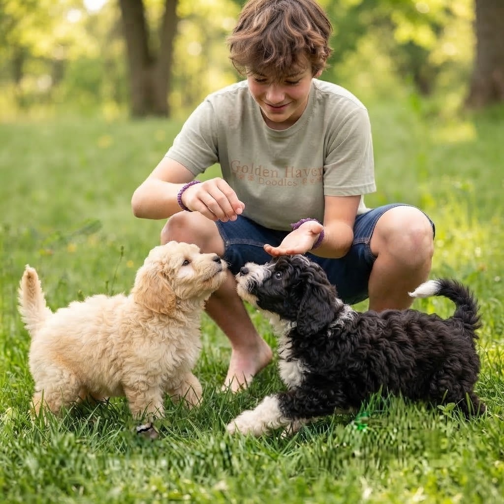 Golden doodle puppy Training and learning obedience commands during a training session