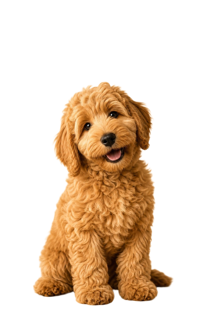 Goldendoodle puppy sitting in grass outdoors